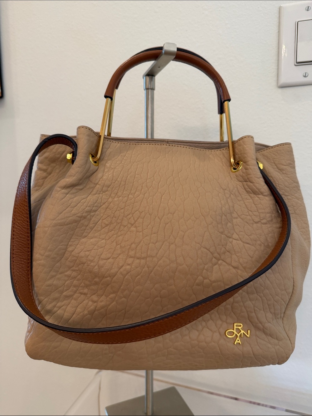 orYANY Taupe Leather Shoulder Bag with Brown Trim